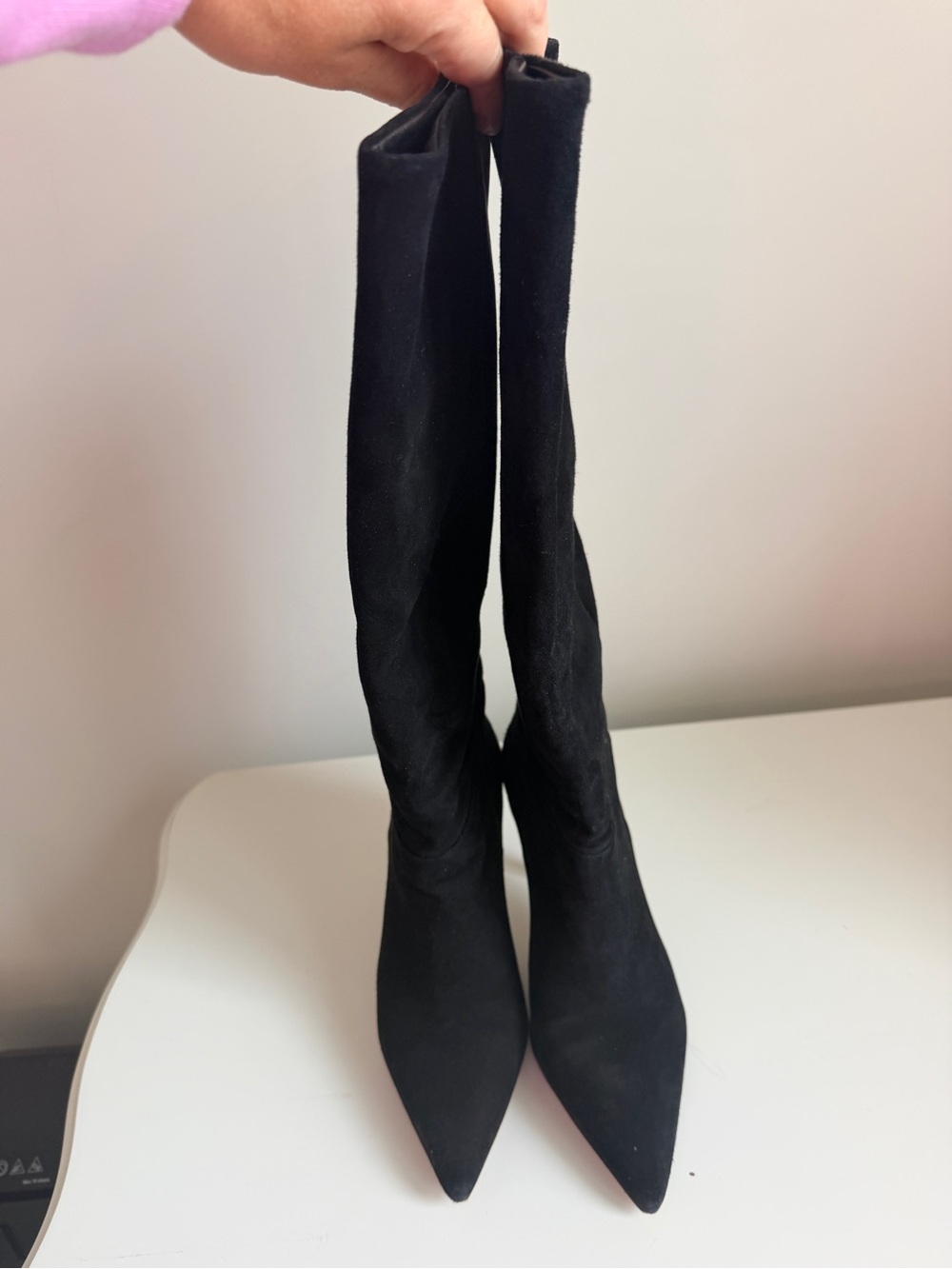 Larroude/Size 8.5 Kate Black Suede Knee-High Pointed-Toe Stiletto Boots - Picture 2 of 8